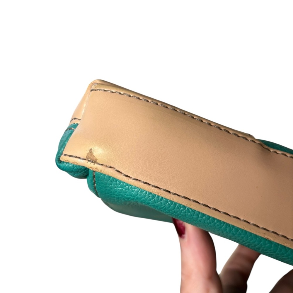 Tignanello Leather Crossbody Teal Tan Colorblock 10x7 Multi Pocket - Picture 8 of 9